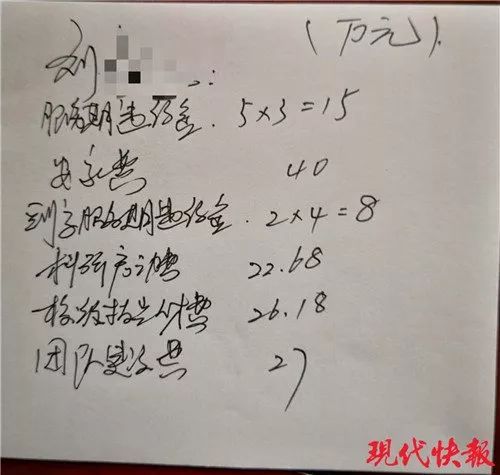 学校给刘老师的费用清单