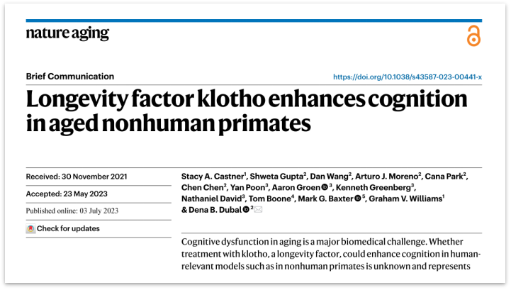 逆转衰老将成现实？Nature子刊重磅发现：低剂量注射长寿因子Klotho可有效改善认知功能